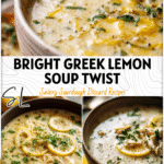 Bowl of sourdough lemon garlic soup garnished with herbs, creamy healthy soup with chicken broth and lemon zest.